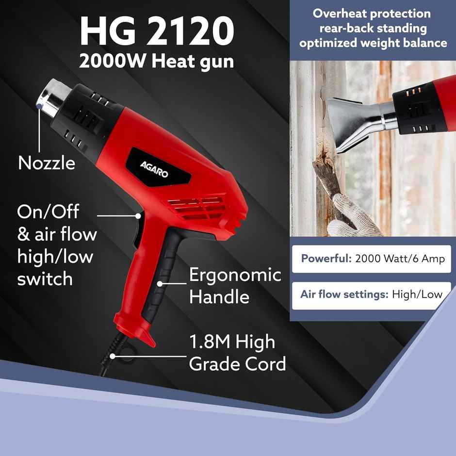 Agaro 2000W Heat Gun Hg2120, 4 Nozzle Attachments