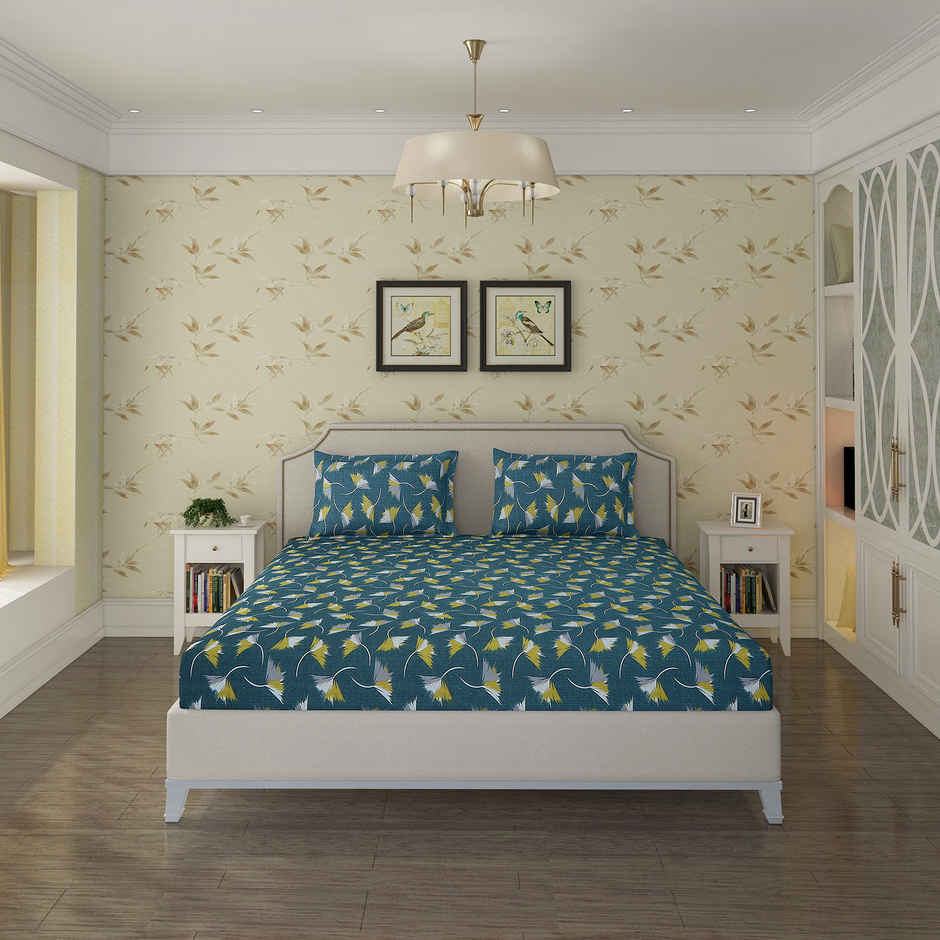 Status Double Microfibre Floral Bedsheet | Teal | 87 x 94 in