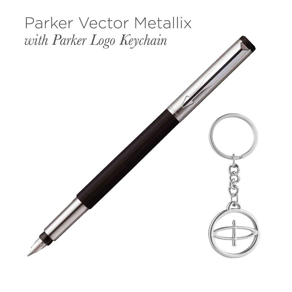 Parker Vector Metallix Fountain Pen with Silver Key Chain | Ink Color-Blue | Gift for Professionals