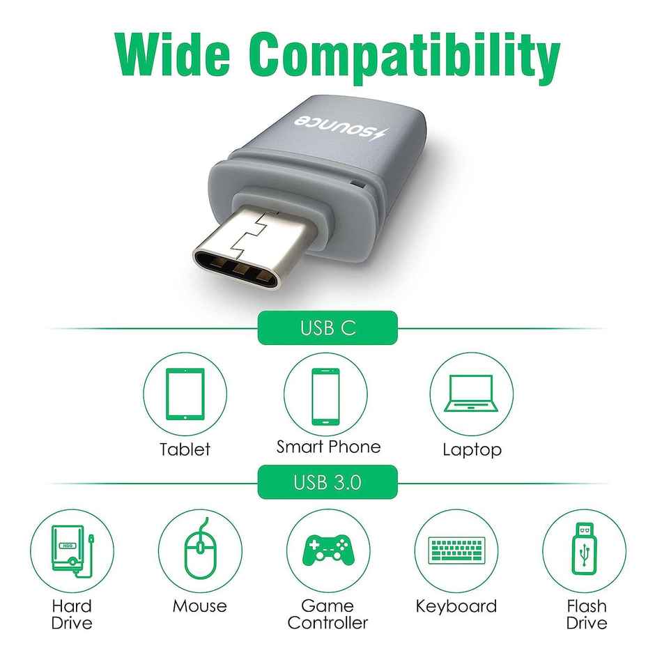 Sounce USB Type C Female to USB Male OTG Adapter Portable High-Speed Data Transfer, Compatible and Works with Laptops, Tablets, Smartphone, Chargers and More Devices with Standard USB A Interface - Grey