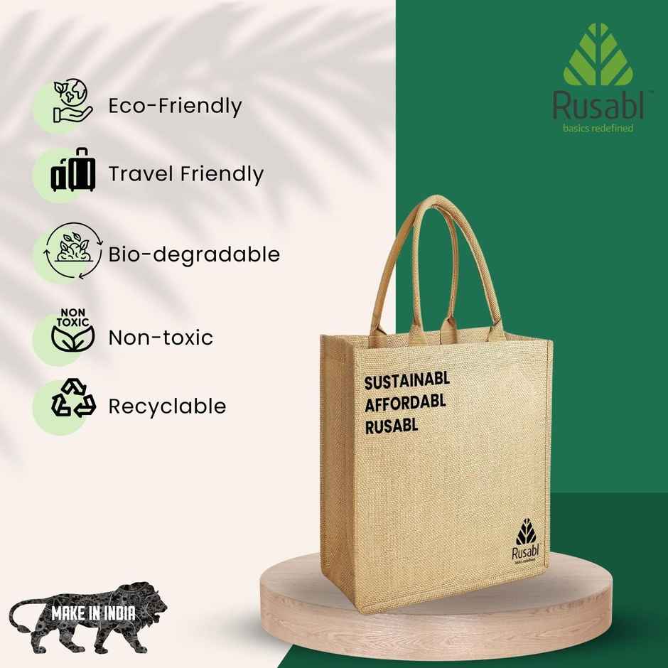 Rusabl Jute Bag for Lunch Box, Shopping, Gifting, Eco-friendly, Waterproof lining - Beige