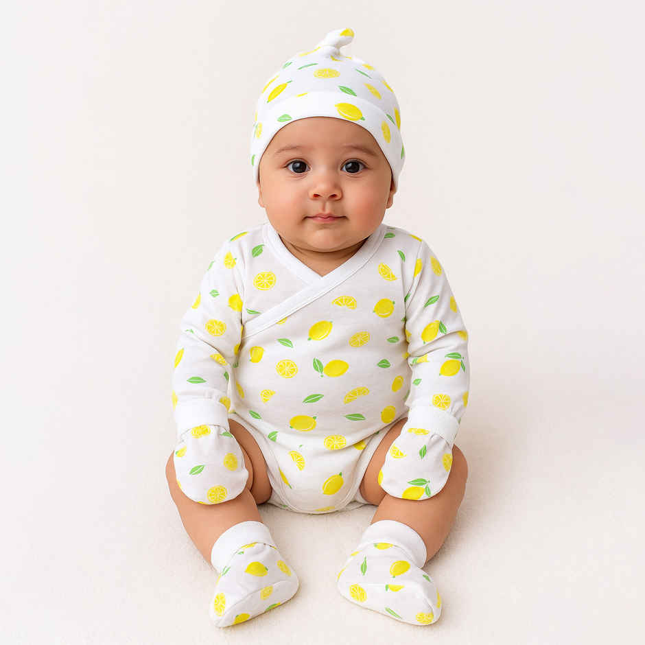 Moms Home Organic Cotton New Born Gift Set | 0-3 Months | 7 Items | Lemon