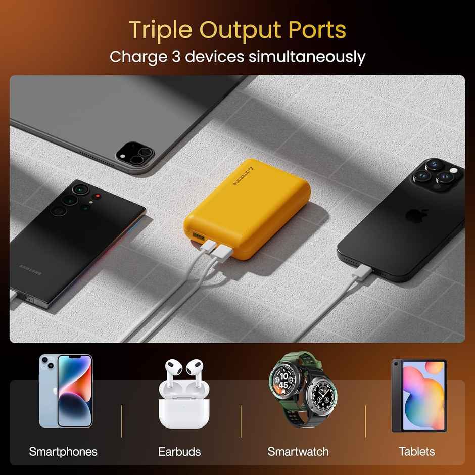 Ambrane 20000 mAh Mini Power Bank with 22.5W Fast Charging, Pocket Size, Triple Output, Type C PD (Input & Output), Li-Polymer, Made in India + Type C Cable (Powerlit XL Lite) - Yellow