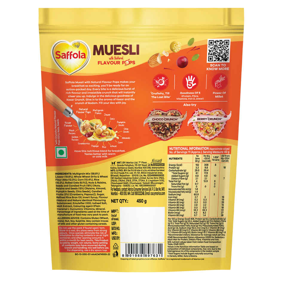 Saffola Muesli Kesar Crunch With Flavour Pops, Fruits, Nuts, Seeds, Millets (15 In 1)