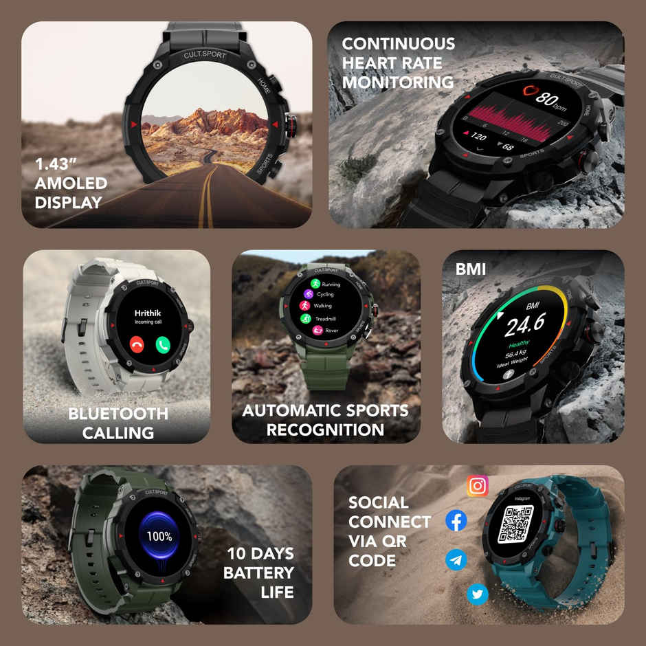 Cultsport Ranger XR 1.43" AMOLED Display Outdoor Rugged Smartwatch, AOD, BT Calling (White)