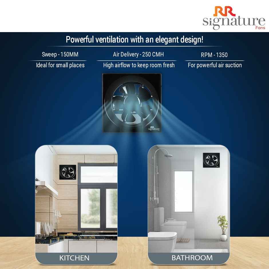 RR Signature Vento Deluxe Exhaust Fan, 150mm, Rust Proof Body and Dust Protection Shutters, Black