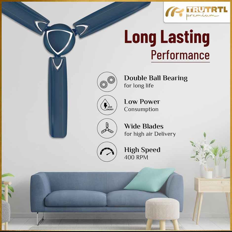 truTRTL Premium Ultra Ceiling Fan, 1200mm/48 inch, High-Speed, Energy Saving, Metallic Blue