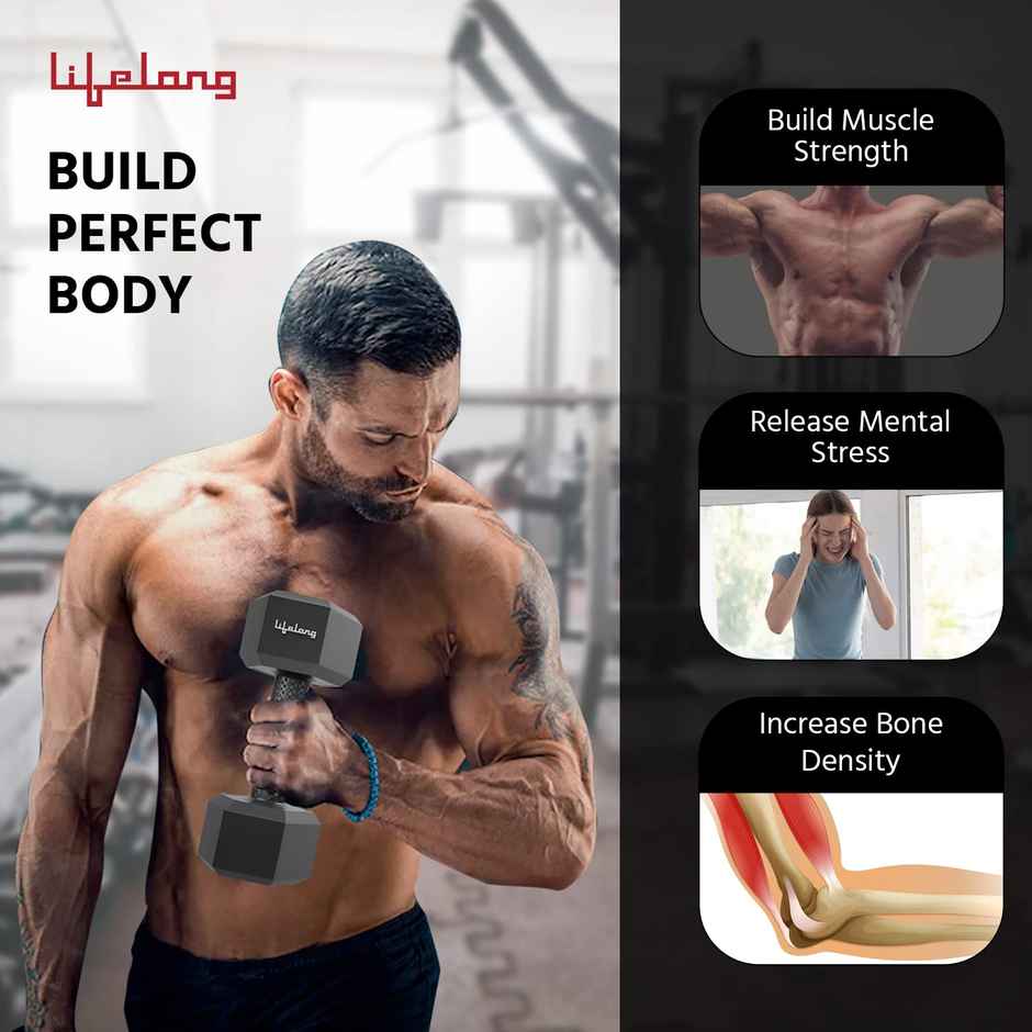 Lifelong Hex PVC Dumbbell Set (3 kg X 2) | Black | Home Gym | Home Workout | Fitness Barbell