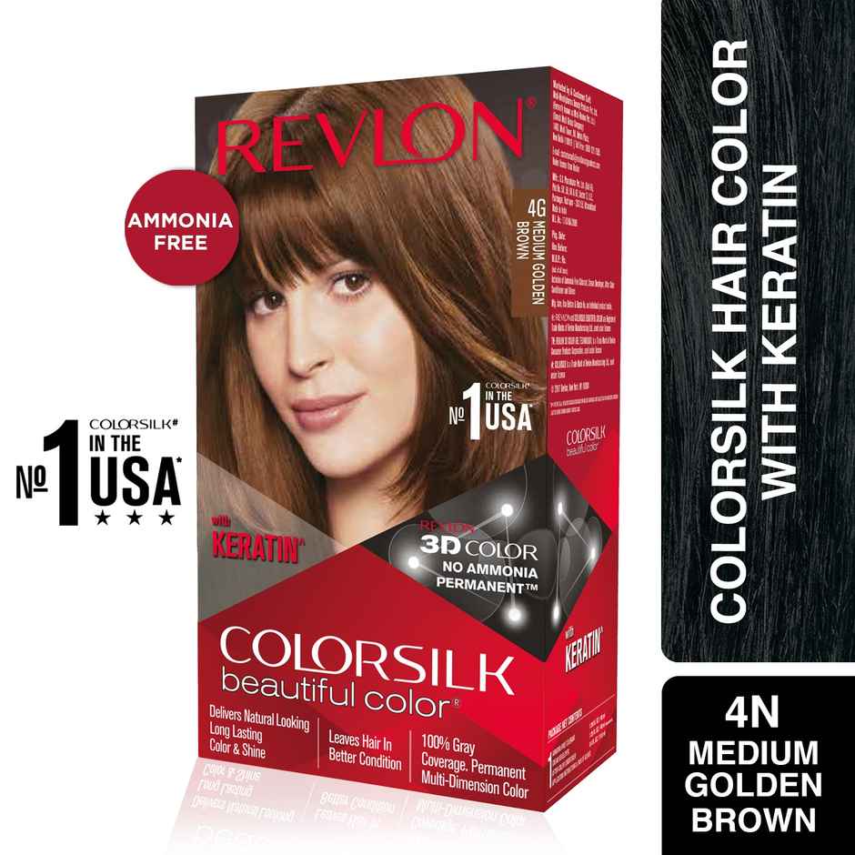 Revlon ColorSilk Hair Color with Keratin - 4G Medium Golden Brown - (with Outrageous Shampoo 90 ml)
