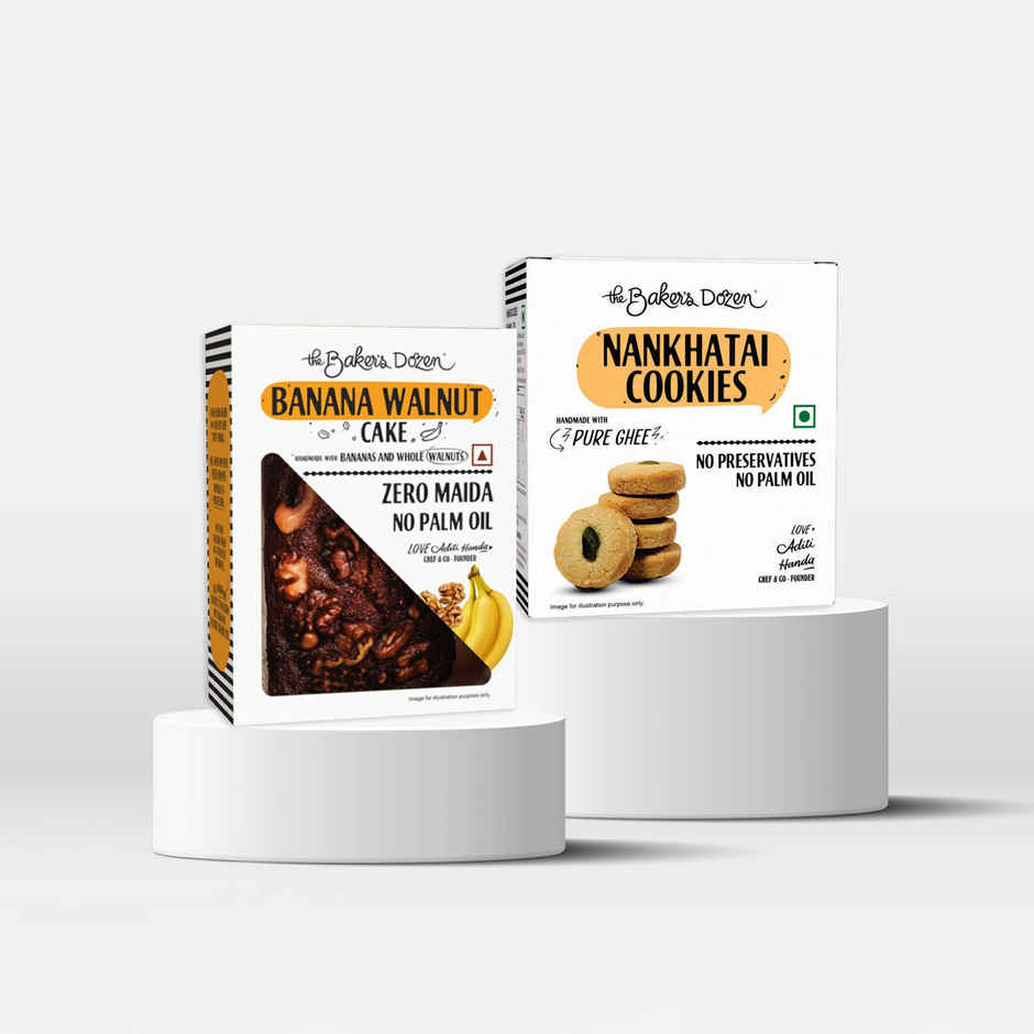 The Baker'S Dozen Wholewheat Banana Walnut Cake (150g) & The Baker'S Dozen Nankhatai Premium Butter Flavoured Pure Ghee Biscuits Cookies | Palm Oil-Free (105g) Combo