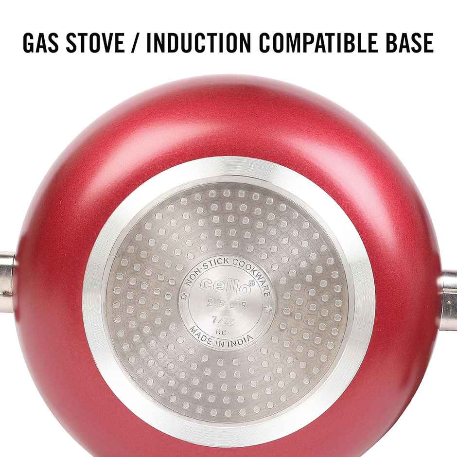 Cello Crown Induction Base Kadhai with Glass Lid| 2.5 L| Maroon