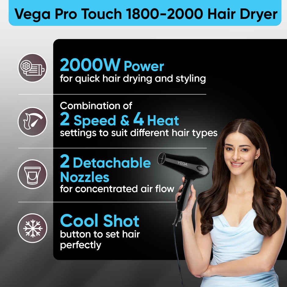 VEGA Pro Touch 2000W Professional Hair Dryer With Cool Shot (Vhdp-02), Black