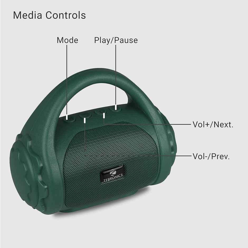 Zebronics County 3W BT Speaker with Carry Handle, USB, SD Card, AUX, FM & Call Function - Green