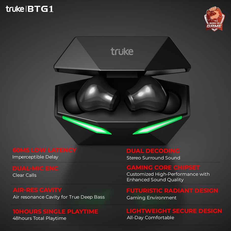 truke BTG1 Truly Wireless Bluetooth Earbuds with Game Mode, 48H Playtime, 13mm Drivers- Black