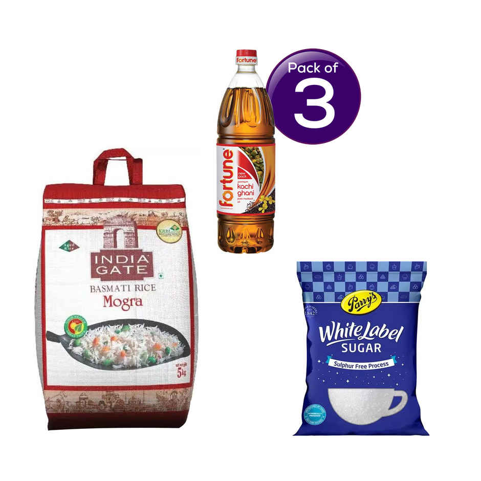 Fortune Kachi Ghani Mustard Oil (Bottle)(1 l), India Gate Basmati Rice Mogra(5 kg) & Parrys White Label Sugar(1 kg) Combo
