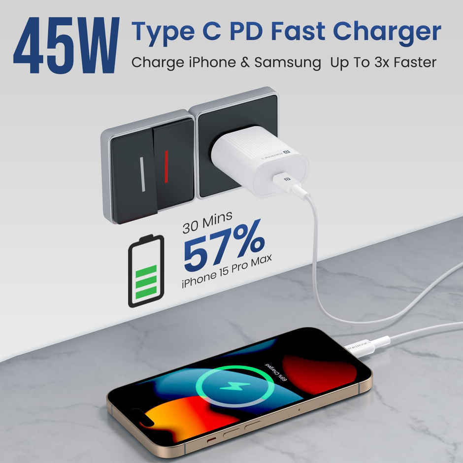 Portronics 45W Adapto 45A Type-C Super Fast Charging Adapter | Best for iPhone, Samsung | White