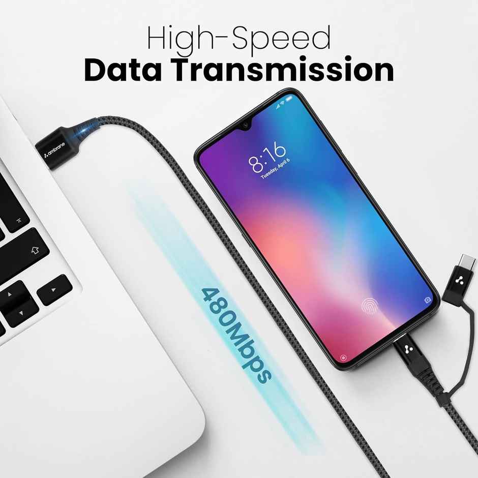 Ambrane (ABDC-10) 2 in 1 Type-C & Micro USB Cable with 3A Fast Charging Mobile Cable, 480 mbps Data Sync, Quick Charge 3.0, 1.5m Braided Cable, Compatible with All Type-C & Micro USB Devices - Black