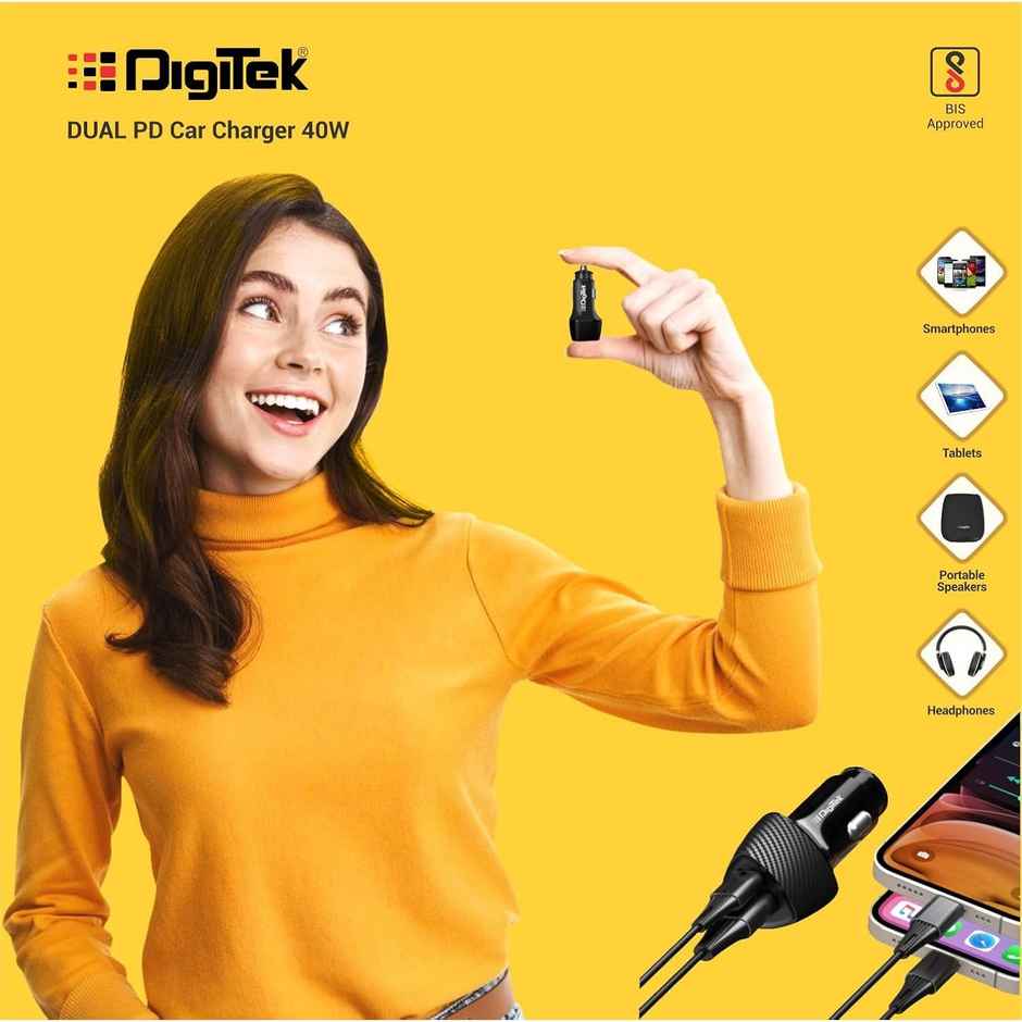 Digitek Dmc 2Pd 40W Fast Car Charger With Dual Output, 40 Watts Total (20W + 20W Type C Pd) (Black)
