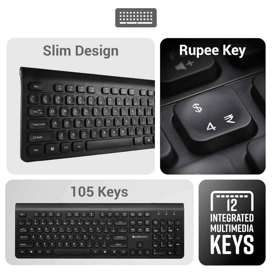 Zebronics Companion 130 Wireless Keyboard Mouse Combo | 12 Integrated Multimedia Keys | Black