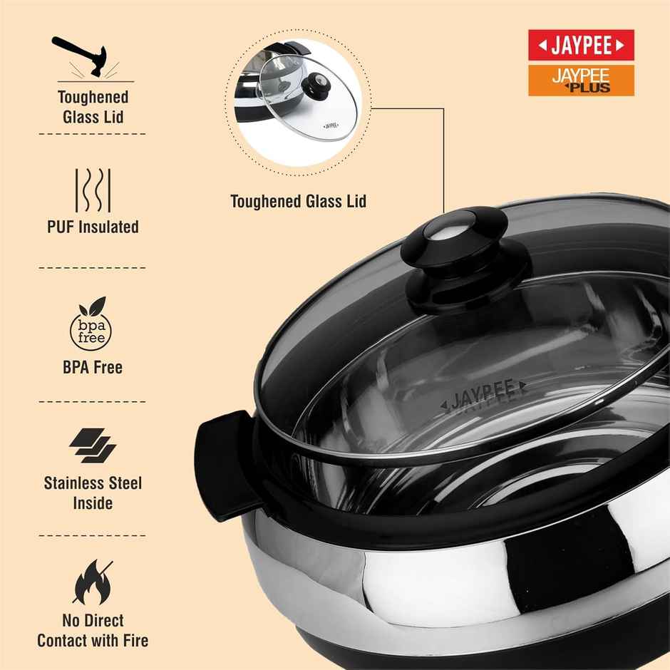 Jaypee Glasserol Serving Casserole|Inner Stainless Steel|PU Insulated | Toughened Glass Lid|Black