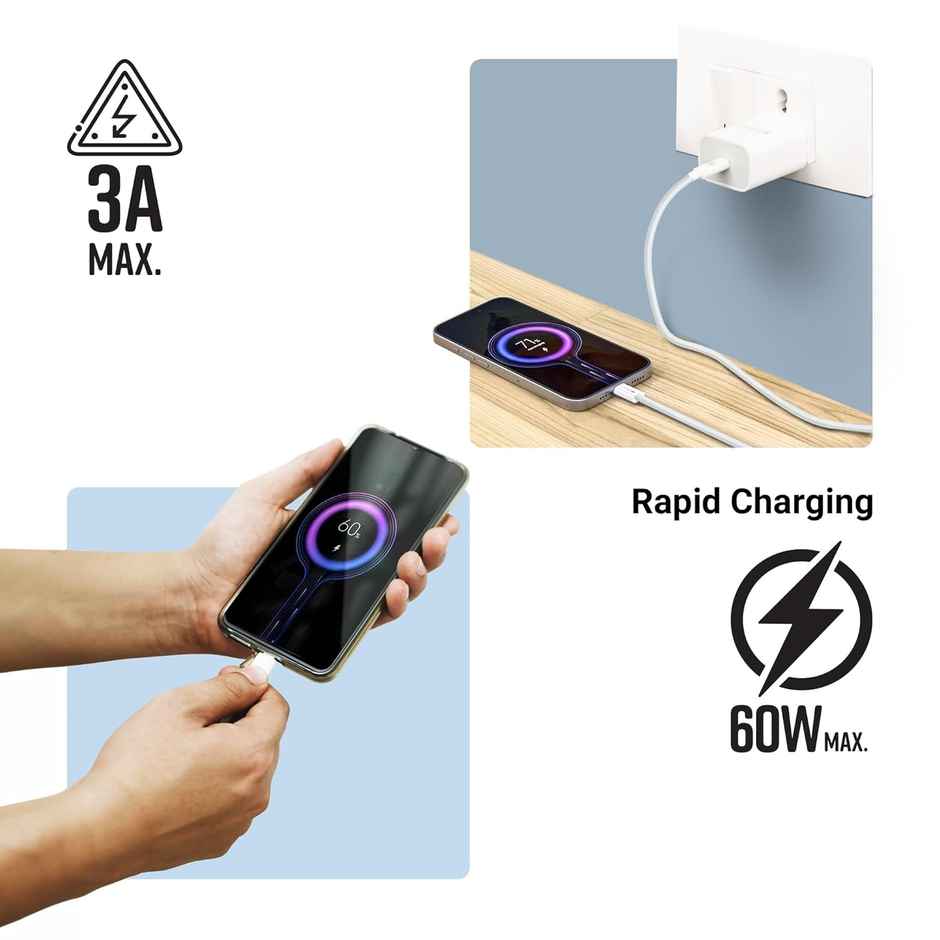 Zebronics (ZEB-TT60+) Type C to Type C Strong Braided Cable, 60W PD Fast Charging, for iPhone 16 Series, 15 Series, iPad, MacBook, Samsung, Other Android Devices, Data Sync, 1 Meter - White