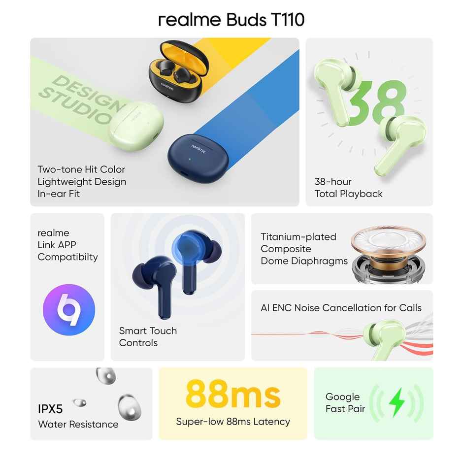 realme T110 TWS Earbuds with Ai Enc for Calls, Upto 38 Hours of Playback and Fast Charging Bluetooth in Ear Headset - Country Green