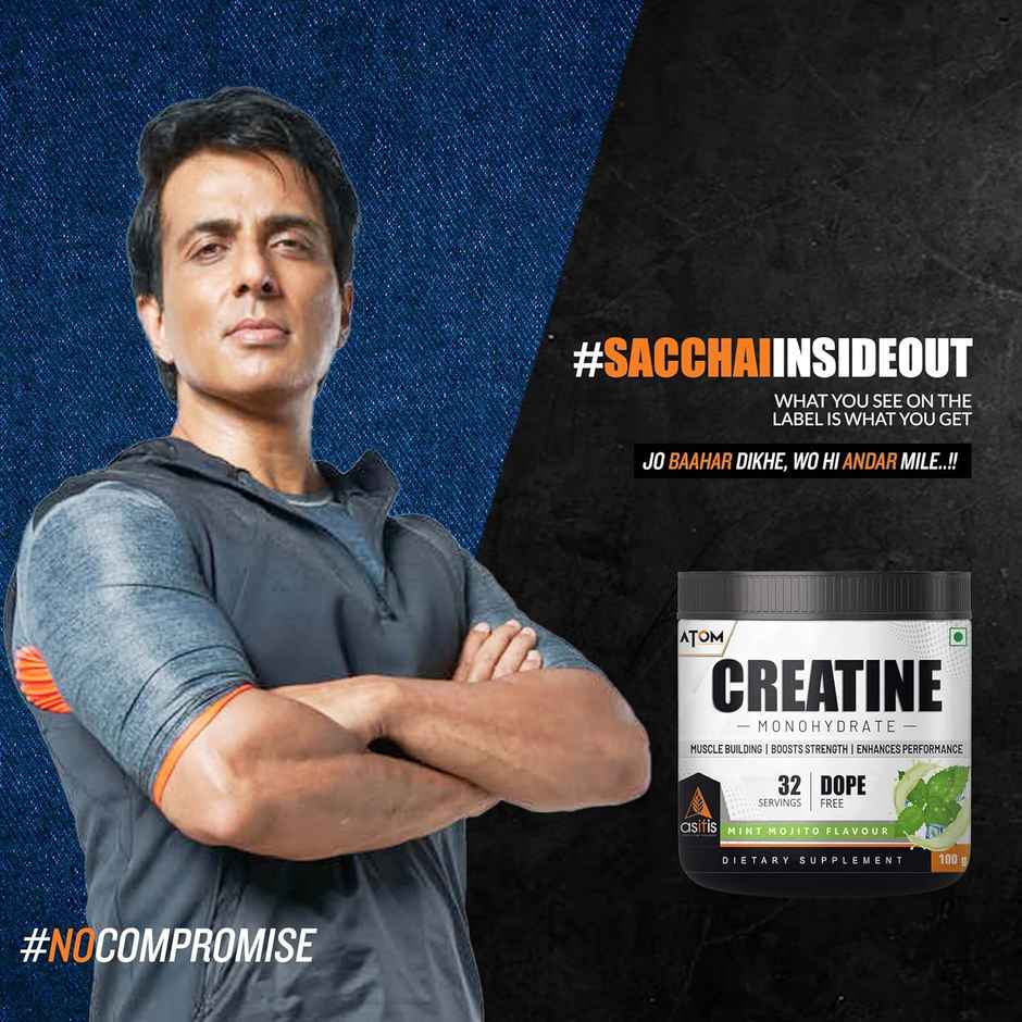 AS-IT-IS ATOM Creatine Monohydrate - 32 Servings Enhances Performance Blue Razz