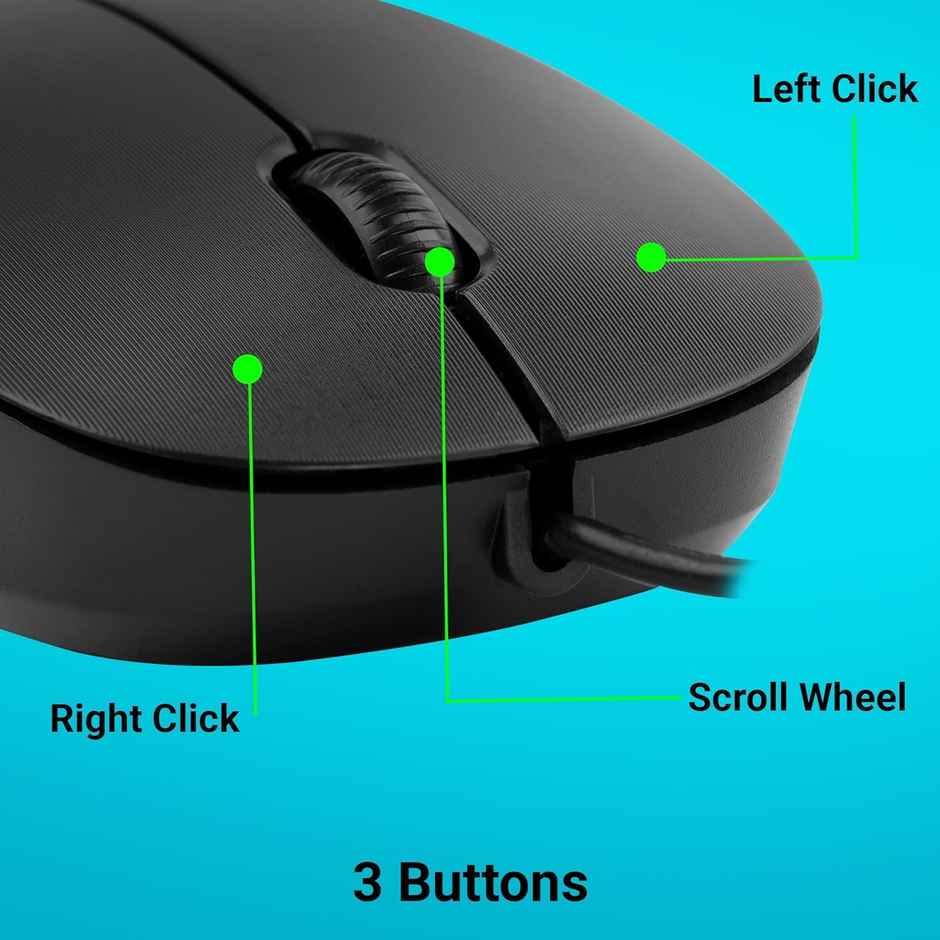 Zebronics Power Wired USB Mouse, 3-Button, 1200 DPI Optical Sensor, Plug & Play, for Windows/Mac - Black
