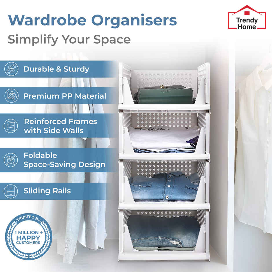 Senego by Trendy Home Folding Wardrobe Clothes Organizer - Pack of 4, Stackable (White)