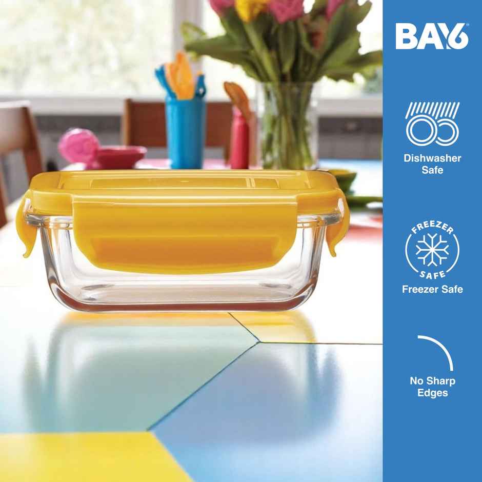 BAY6 Premium Imported Borosilicate Glass Container with Lid 180 ml - Rectangle - Yellow