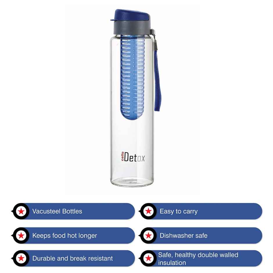 Cello Fruit Infuser Glass Water Bottle 750ml, Blue | Wide Sealed Flip-Top Cap, Leak-Proof, Durable