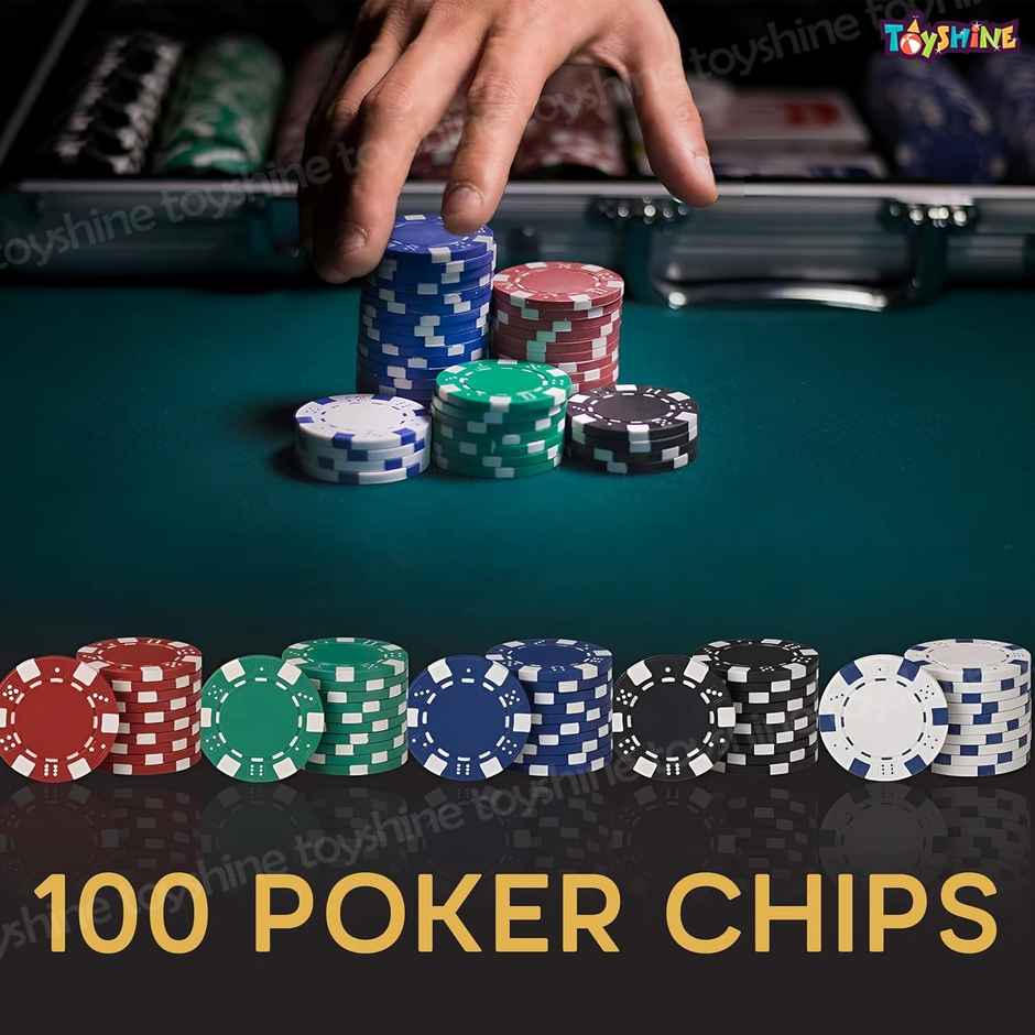 Toyshine Casino Style 100 Pcs Poker Chips Set in a Tin Case with 1 Dealer Button