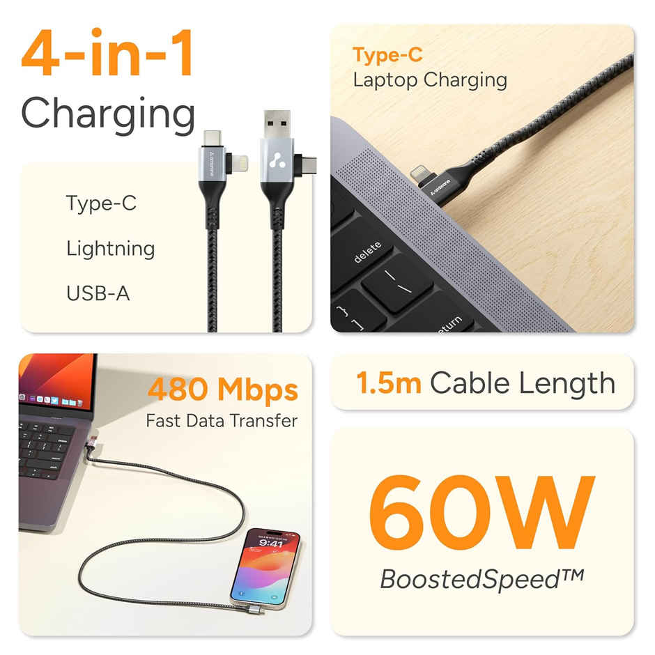 Ambrane 4 in 1 Multi-Functional fast Charging Cable, USB, Type-C, Lightning Cable (AC4CL-15)
