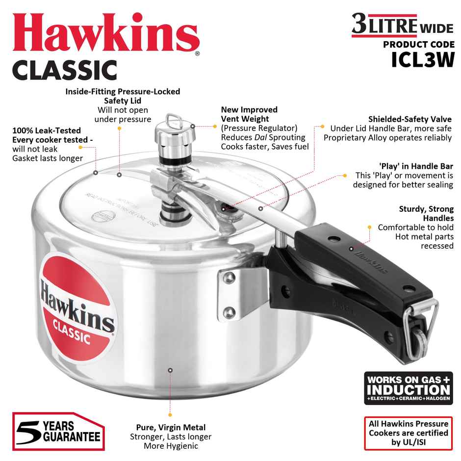 Hawkins 3 Litre Classic Pressure Cooker Induction Inner Lid Cooker - Silver