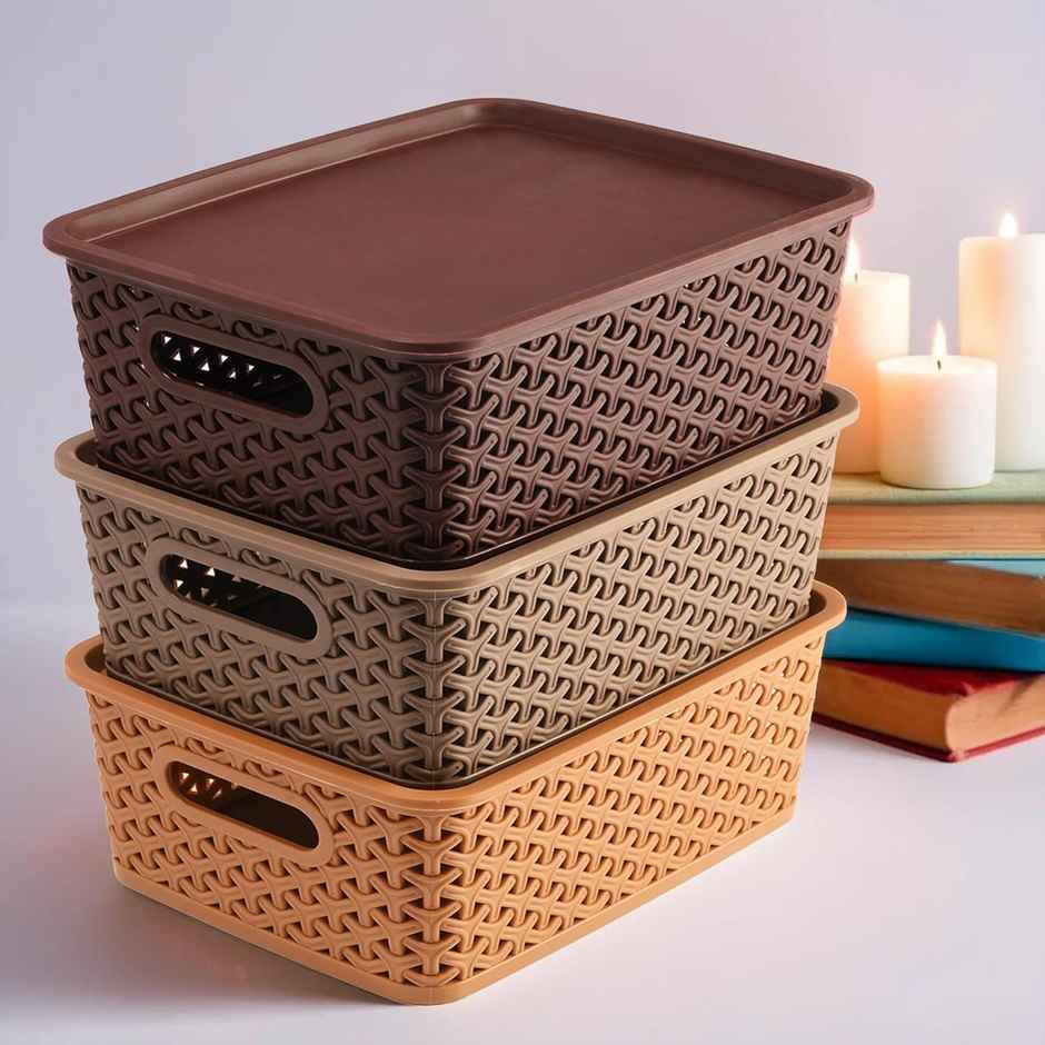 Kuber Industries Pack of 3 Multipurpose Solitaire Medium Storage Basket with Lid|Multi