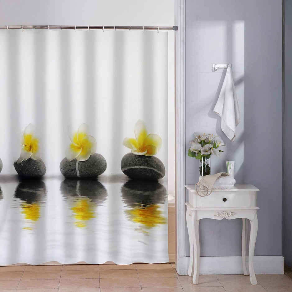 Lushomes Shower Curtain - Yellow | Flower Printed | 12 Eyelets | 12 Hooks | 6 x 6.5 ft