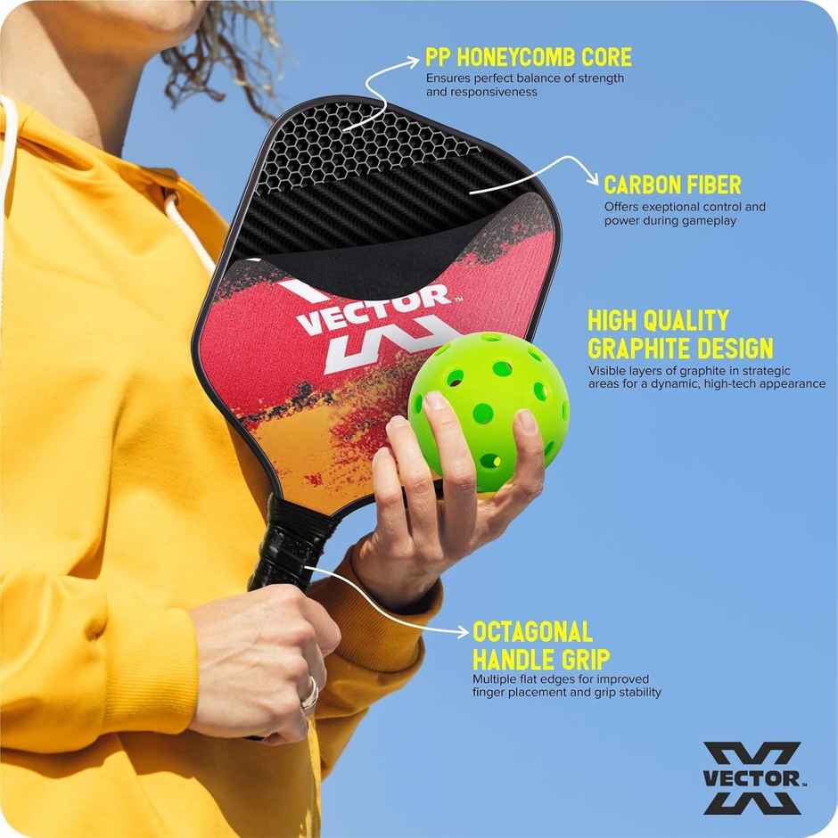 Vector X FIRE Pickleball Paddle Set - 1 Paddle + 2 Pickle Balls + Carry Bag | Carbon Fiber Material