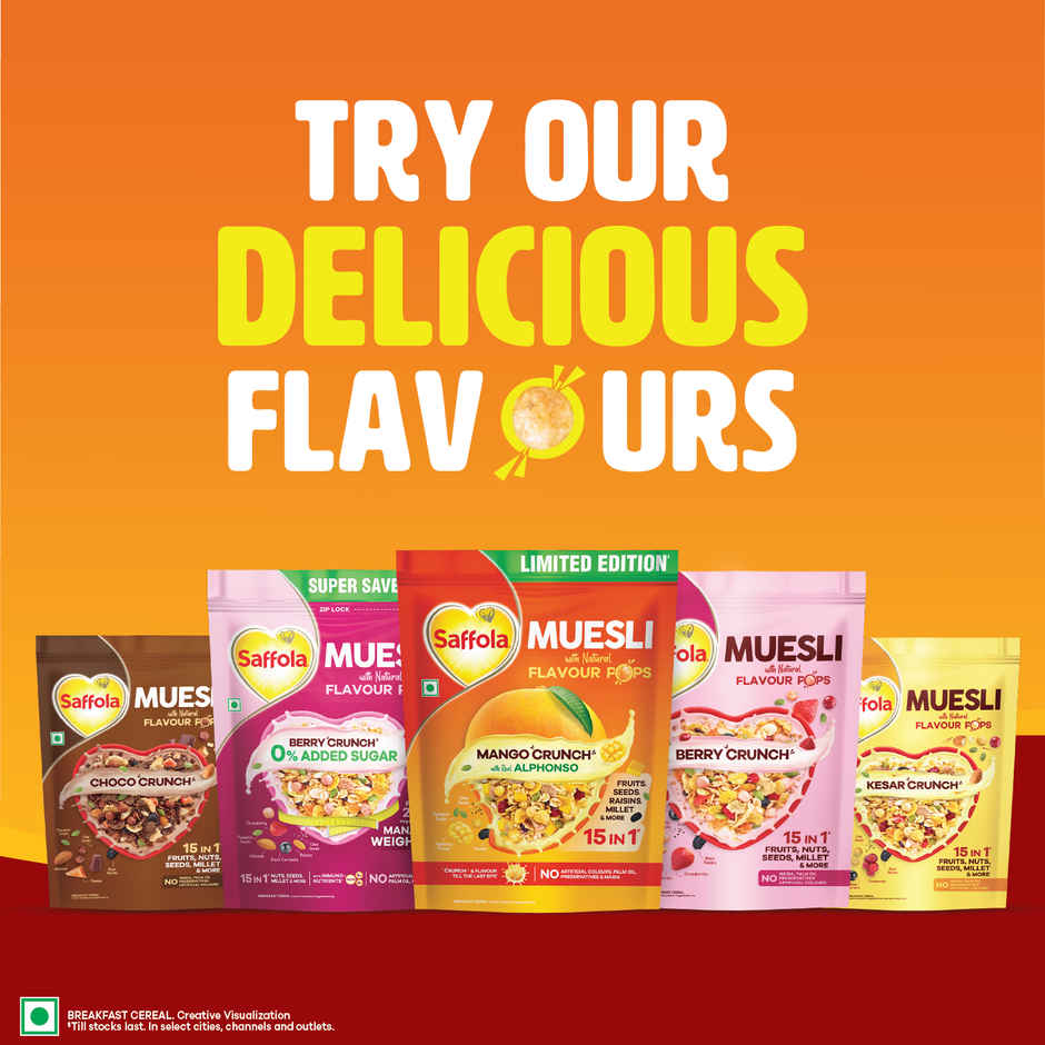 Saffola Muesli Mango Crunch - with Real Alphonso Mango | with Crunchy Flavour Pops