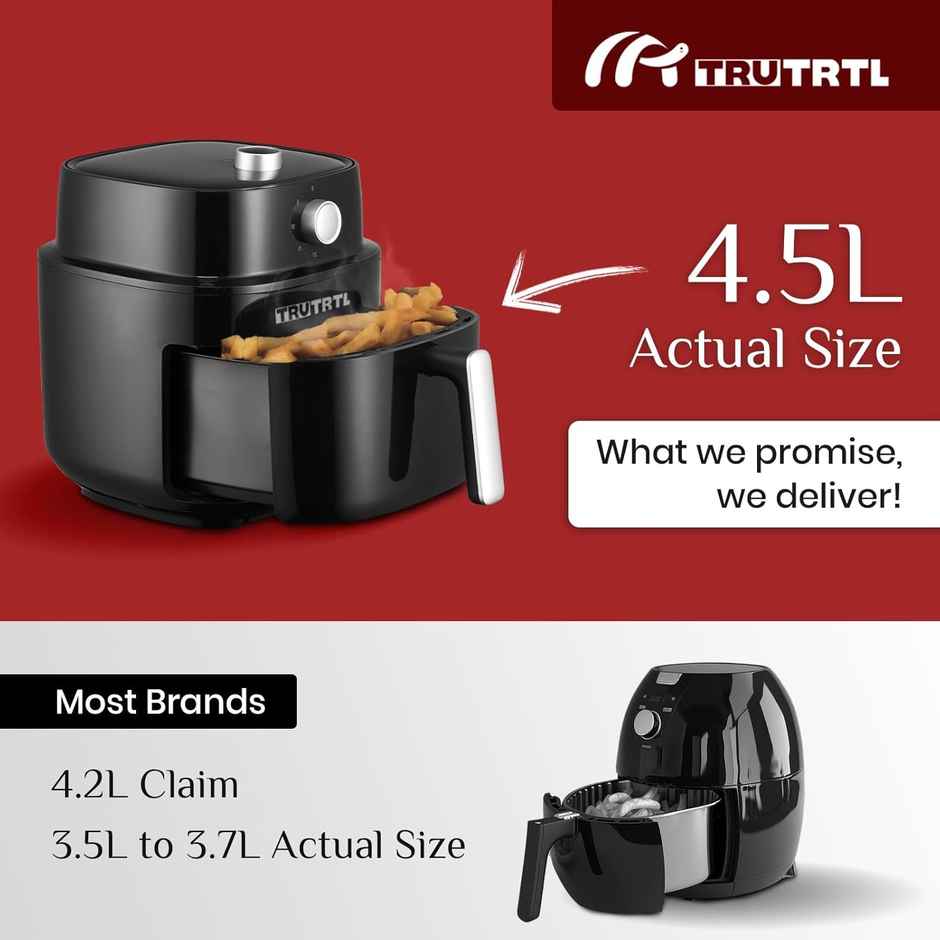 truTRTL Manual Air Fryer for Home | Actual 4.5 Liter | 1400 Watt | 1 Year Warranty | Uses 90% less Oil | Time & Temp Control Knobs | Glossy Black