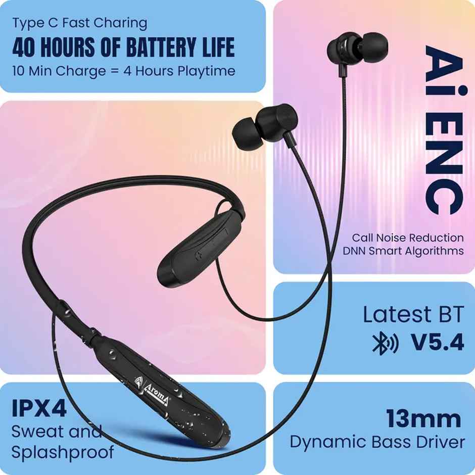 Aroma Nb120 Dubai Upto 40h Playtime I Enc I Fast Charging I Dual Pairing Neckband Bluetooth
