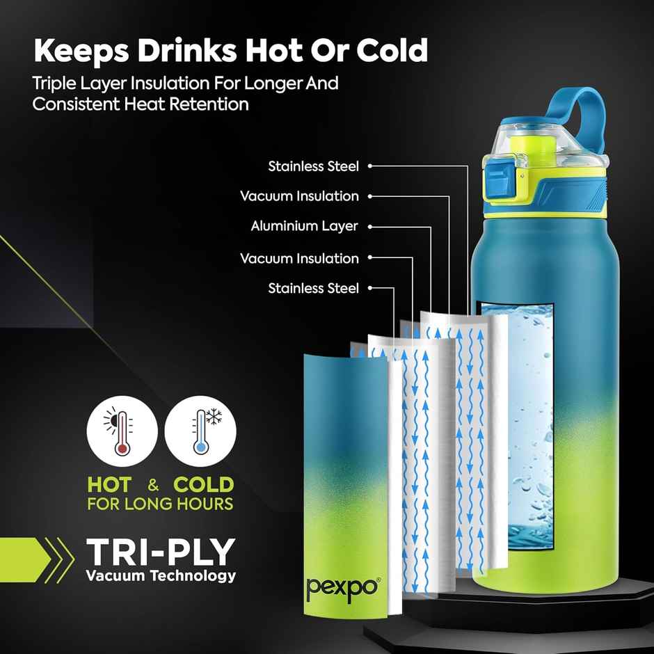 Pexpo Amaze Stainless Steel Vacuum Insulated Hot & Cold Flask | Teal Blue & Neon Yellow | 740 ml