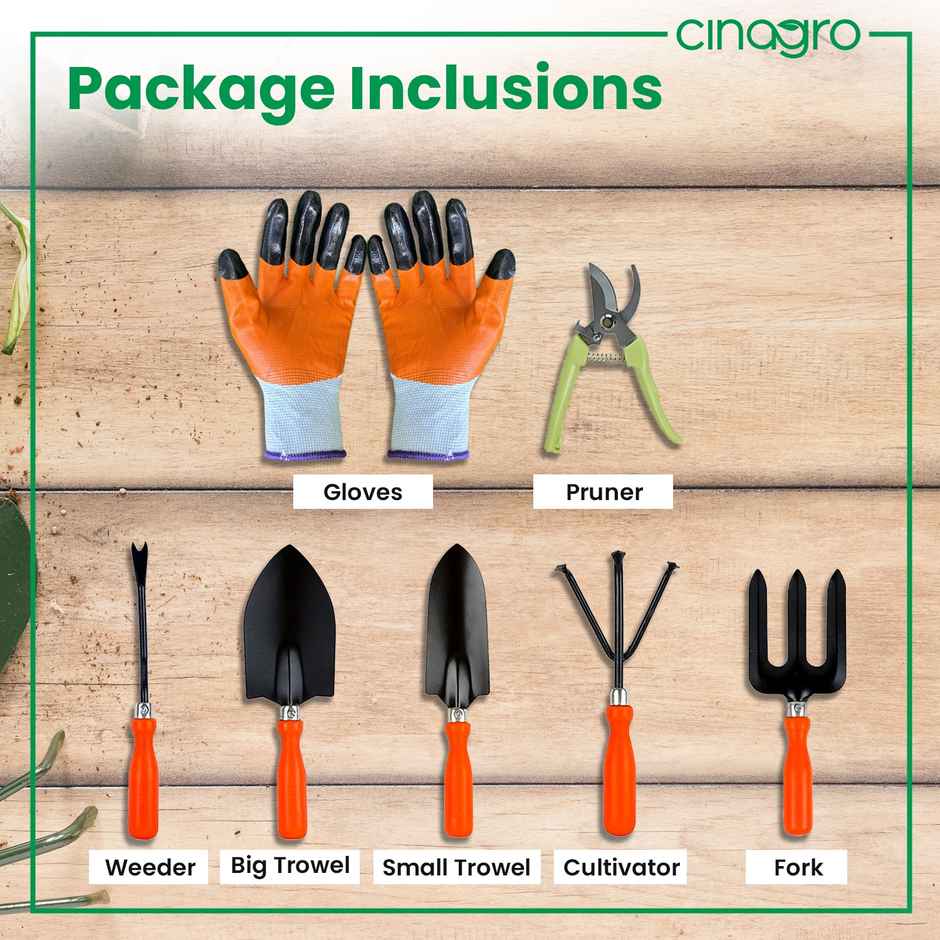 Cinagro Garden Tools - 7 Pcs, Weeder, 2 Trowels, Hand Fork, Cultivator, Scissors, Pruner