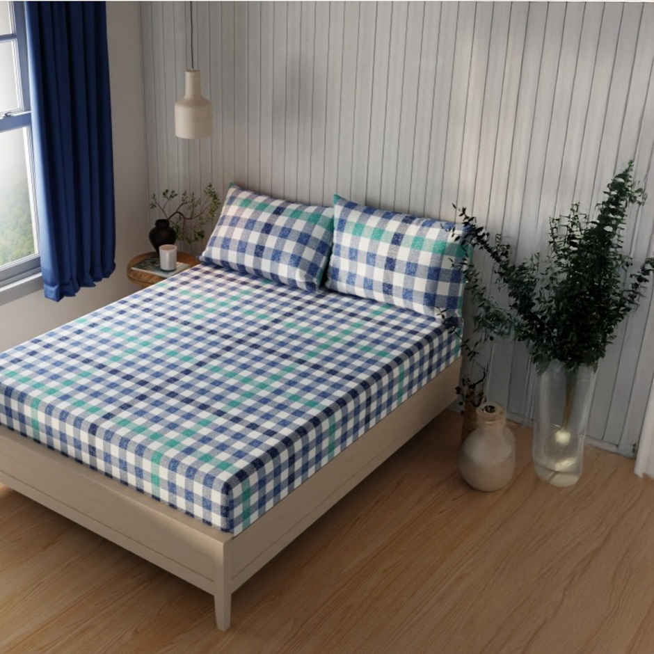 Kopa Extra Smooth Cotton Double Bedsheet With 2 Pillow Covers | Set of 3 | Lopez Checks | Blue