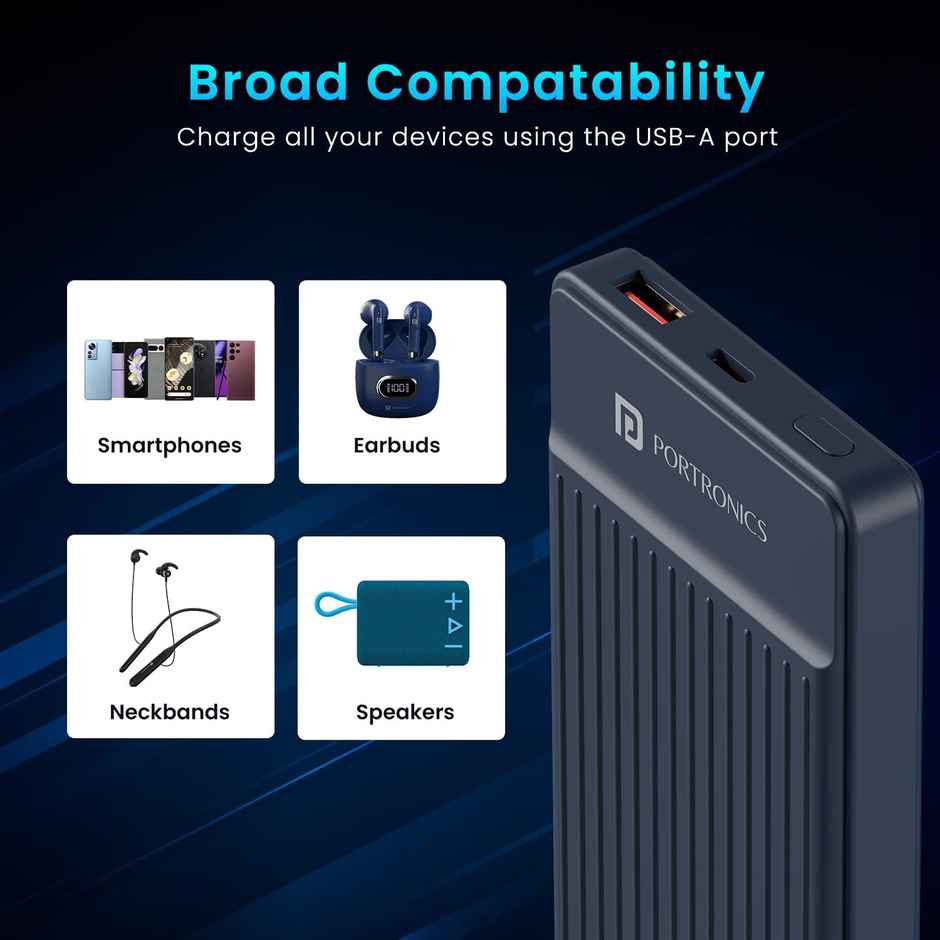 Portronics Luxcell B12 10,000mAh Ultra Slim Wired Power Bank with USB-A Output Port & Type C Input Port |12W Output |4-Layer Circuit Protection |BIS Certified |Type C Cable Included|Made in India - Dark Blue