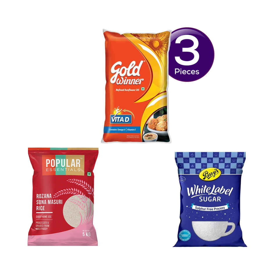 Gold Winner Refined Sunflower Oil (Pouch)(1 l), Popular Essentials Rozana Sona Masuri Raw Rice(5 kg) & Parrys White Label Sugar(1 kg) Combo