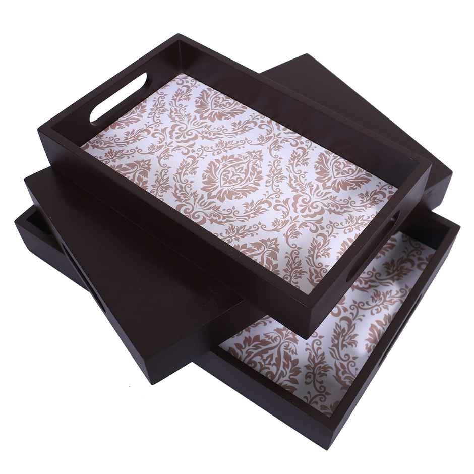 Kuber Industries Wooden Nested Serving Trays | Damask Gold Design | Set of 3 (Brown)