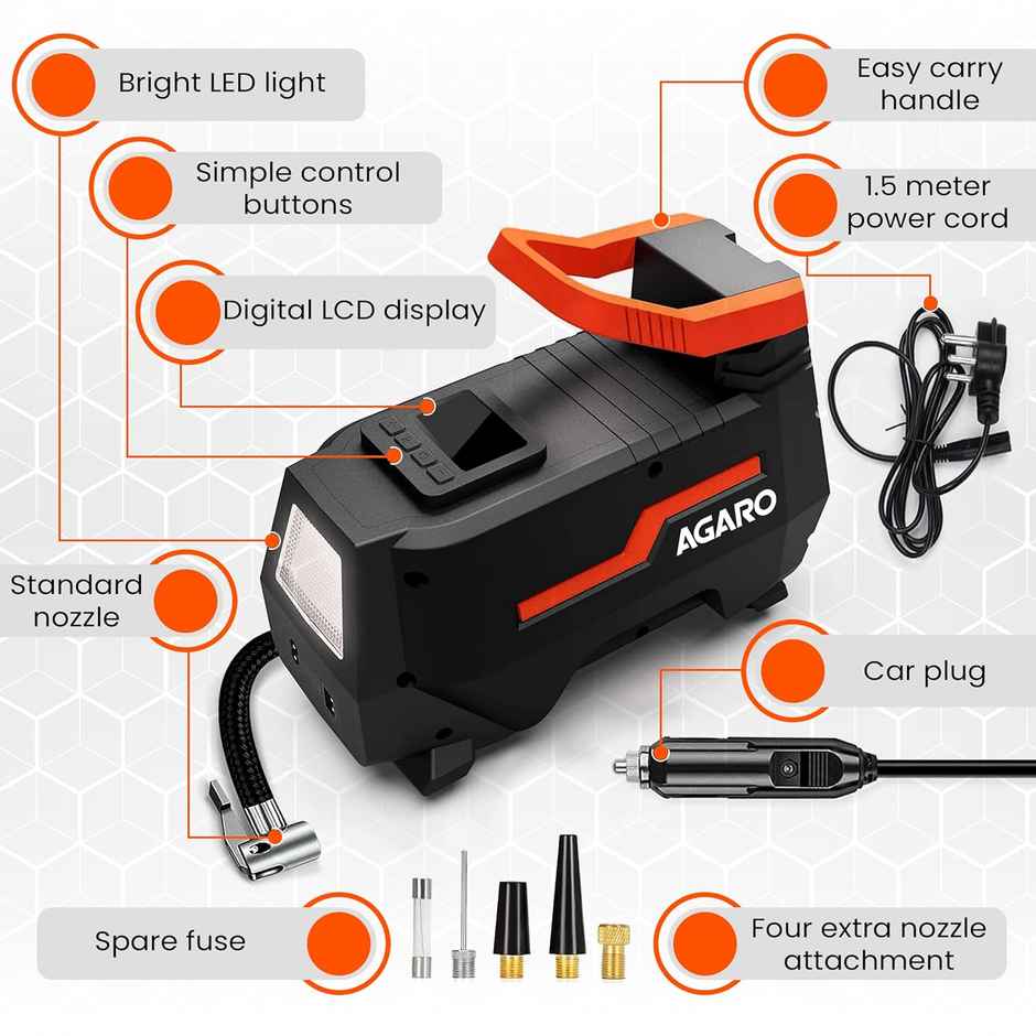 Agaro Digital Portable Tyre Inflator, 12V Dc/230V Ac, 150 Psi, 165W, Digital Display For Car & Bike