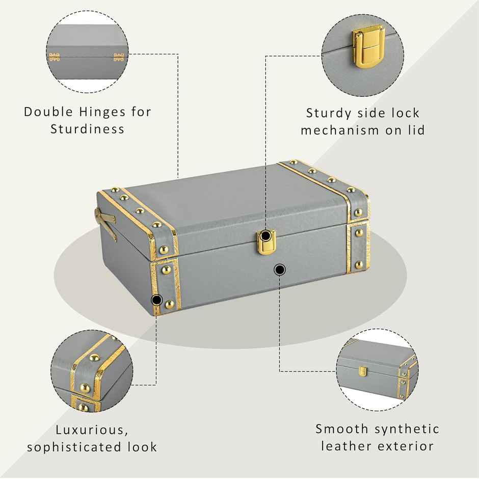 Kuber Industries Synthetic Leather Trunk Box | Jewellery Organisers Storage Box with Lock | Grey
