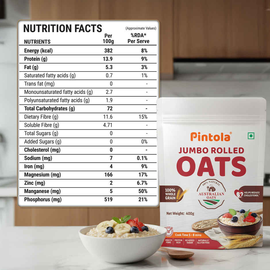 Pintola Oats Pure Jumbo Rolled Oats, Wholegrain, Gluten Free, High Fibre & Protein, Nutritious