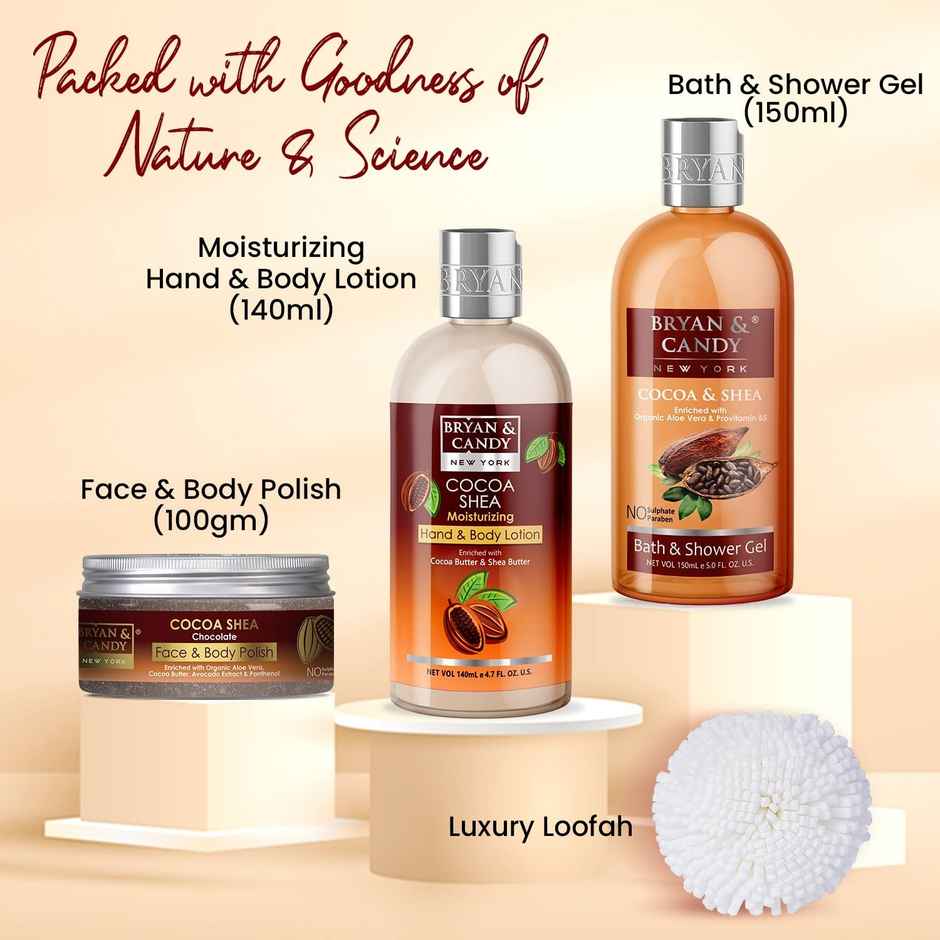 Bryan & Candy Cocoa Shea Heart Kit|Shower Gel|Hand-Body Lotion|Body Polish|Loofah|Pack Of 3